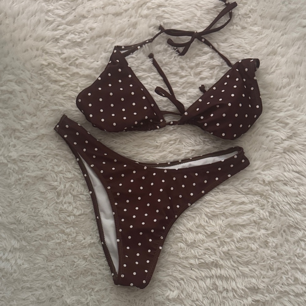 SHEIN Brown Polka Dot Tie-Back Bikini